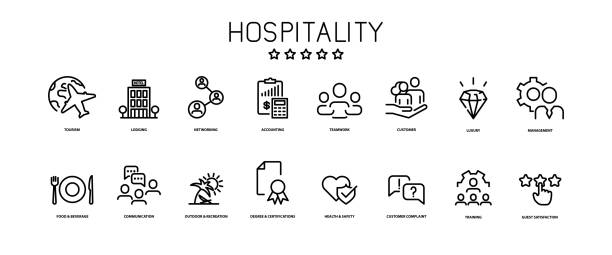 ilustraciones, imágenes clip art, dibujos animados e iconos de stock de iconos de gestión hotelera - guest