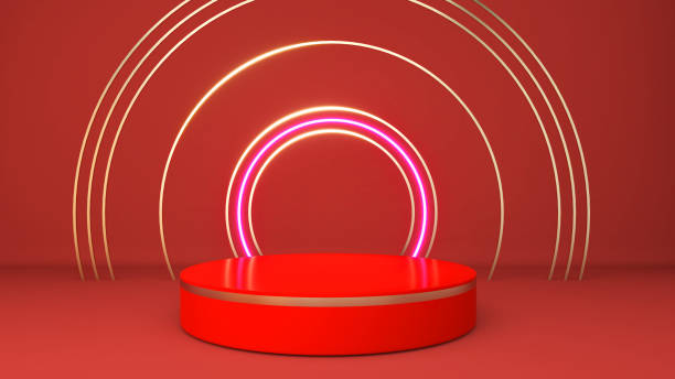 istock Red pedestal with red wall light circle,mock up presentation,3D rendering 1387678076