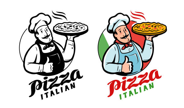 illustrations, cliparts, dessins animés et icônes de emblème drôle de chef avec pizza sur fond drapeau italien. illustration vectorielle du logo pizzeria - pizzaiolo