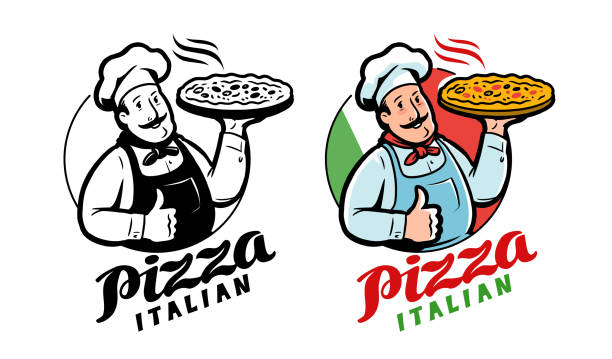 illustrazioni stock, clip art, cartoni animati e icone di tendenza di emblema divertente chef con pizza su sfondo bandiera italiana. illustrazione vettoriale del logo pizzeria - pizza