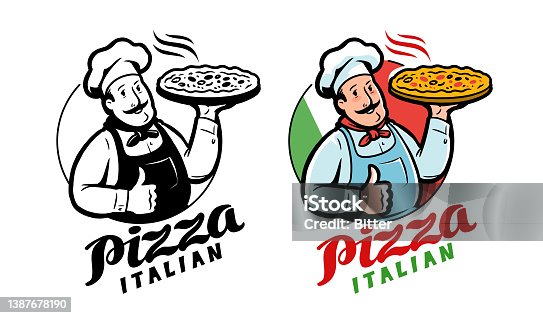 istock Emblem funny chef with pizza on background Italian flag. Pizzeria logo vector illustration 1387678190