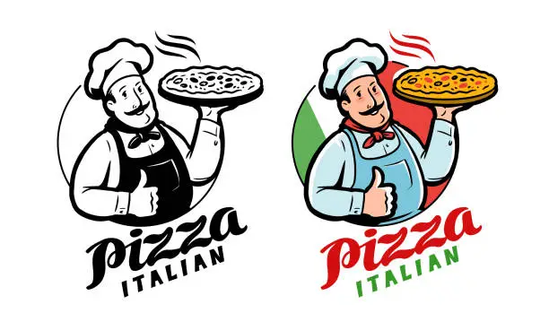 Vector illustration of Emblem funny chef with pizza on background Italian flag. Pizzeria logo vector illustration