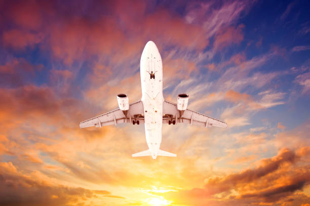 istock Airplane flying overhead during a black sunset. 1387679406