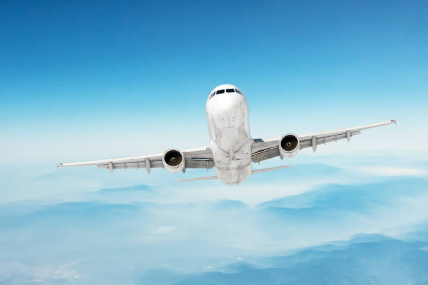 istock Airplane flies in the sky over mountainous terrain. 1387679489