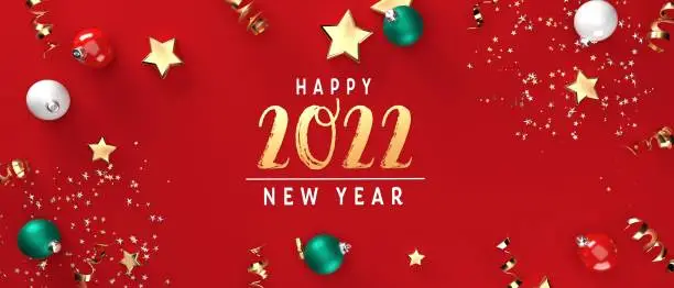 2022 New Year celebration theme with Christmas baubles and stars - 3D render illustratio