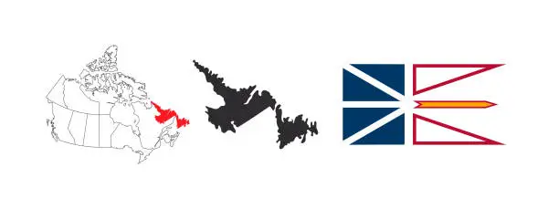 Vector illustration of Map of Newfoundland and Labrador. Flag of Newfoundland and Labrador. Provinces and territories of Canada. Vector illustration