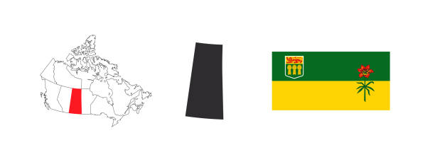 ilustrações, clipart, desenhos animados e ícones de mapa de saskatchewan. bandeira de saskatchewan. províncias e territórios do canadá. ilustração vetorial - saskatchewan flag canada banner