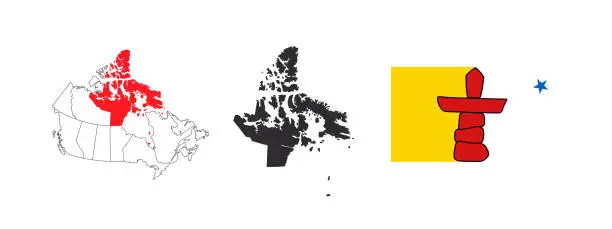Vector illustration of Map of Nunavut. Flag of Nunavut. Provinces and territories of Canada. Vector illustration