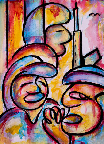 istock Abstract painting of war with civilians and a soldier 1387681955