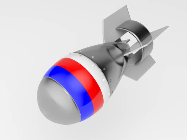 istock 3d render of russian missile with russian flag on white background 1387682005