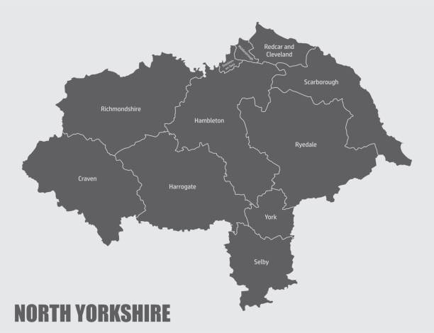 North Yorkshire county administrative map North Yorkshire county, administrative map with labels, England modern map north east england uk stock illustrations