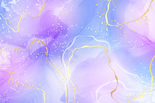 istock Violet lavender liquid watercolor marble background with golden lines. Pastel purple periwinkle alcohol ink drawing effect. Vector illustration design template for wedding invitation, menu, rsvp 1387682647