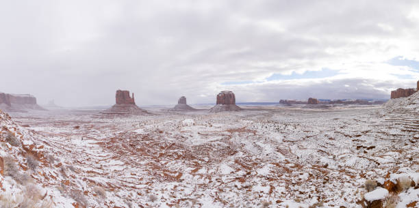 istock Panorama of Monument Valley covered in freshly fallen snow on a cloudy day 1387683210