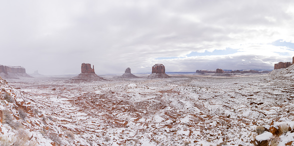 Panorama of Monument Valley covered in freshly fallen snow on a cloudy day in Arizona.