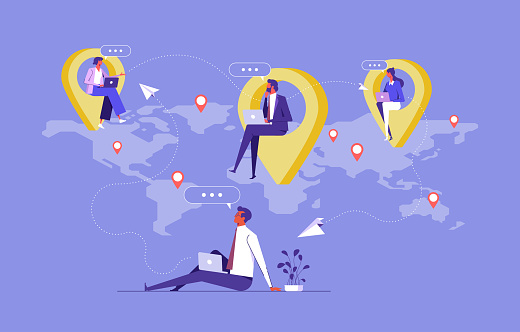 People from all over the world, remote job or distance work concept, businessman working remotely with computer laptop on location map pin