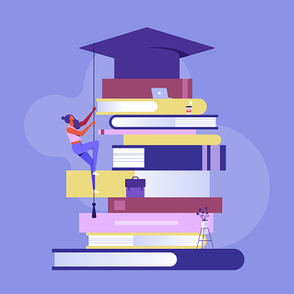 Education or academic help create business idea, skill and knowledge empower creativity concept, businesswoman climb pile of book to reach a graduation hat