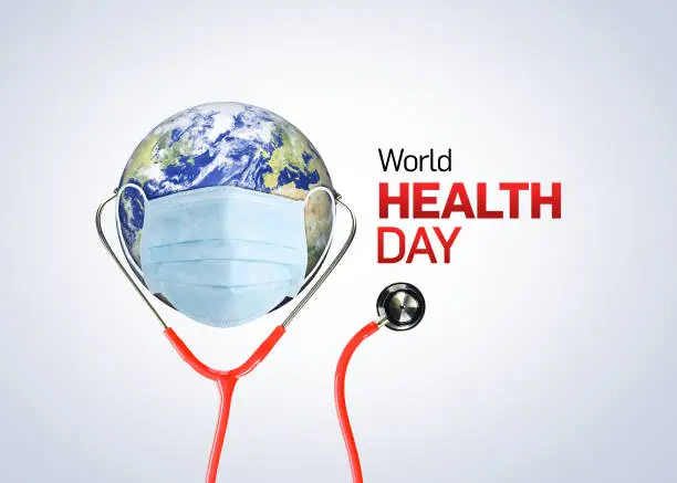 World Health Day Concept Background. Stethoscope on world globe on white background. Save the wold, Global health care and Coronavirus concept. World Day for Safety and health. elements of this image furnished by NASA (https://earthobservatory.nasa.gov/blogs/elegantfigures/2011/10/06/crafting-the-blue-marble/)
