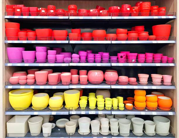 flower pots are on the shelf