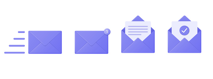 3d icons of a purple mail envelope with a new message marker. Email notification with a checkmark. vector illustration isolated on white background.