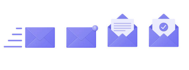 3d icons of a purple mail envelope with a new message marker. Email notification with a checkmark. 3d icons of a purple mail envelope with a new message marker. Email notification with a checkmark. vector illustration isolated on white background. unread messages illustrations stock illustrations
