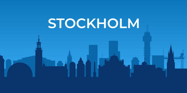 illustrazioni stock, clip art, cartoni animati e icone di tendenza di bandiera orizzontale di stoccolma. skyline di stoccolma in blu, svezia. - stockholm