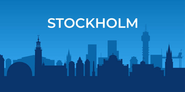 bildbanksillustrationer, clip art samt tecknat material och ikoner med horizontal banner of stockholm. stockholm skyline in blue, sweden. - stockholm