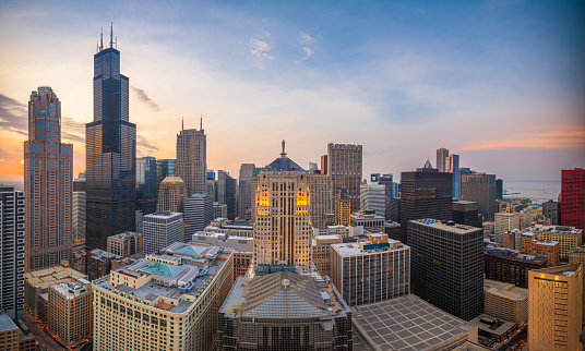Chicago, Illinois, USA aerial downtown skyline at dusk.