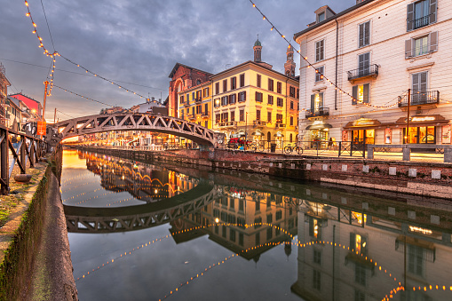 Naviglio Canal in Milan, Italy at twilight.
