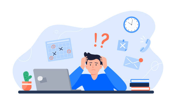 Exhausted man sitting at his workplace with a computer. Freelancer is stressed through a lot of work. Emotional burnout concept. Long working day in the office. Vector colorful flat illustration. Exhausted man sitting at his workplace with a computer. Freelancer is stressed through a lot of work. Emotional burnout concept. Vector colorful flat illustration. Tensed stock illustrations