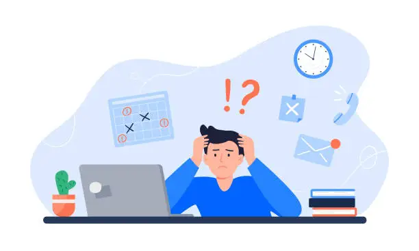 Vector illustration of Exhausted man sitting at his workplace with a computer. Freelancer is stressed through a lot of work. Emotional burnout concept. Long working day in the office. Vector colorful flat illustration.