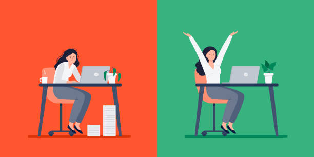 Low energy and high energy comparison. A businesswoman in a tired and energetic state. A happy woman successful doing her work. Frustrated female worker feeling overwhelmed. Vector flat illustration. Low energy and high energy comparison. A businesswoman in a tired and energetic state. A woman successful doing her work. Frustrated female worker feeling overwhelmed. Vector flat illustration. low quality of life stock illustrations