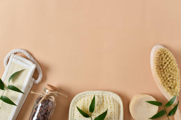 istock Background with eco items for spa and massage. Natural bath and bath items on a beige background 1387686782