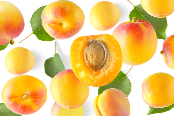 istock Accidentally falling apricots. In the center is a half apricot with a stone 1387688888