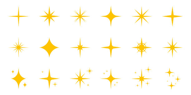 ilustrações de stock, clip art, desenhos animados e ícones de sparkle stars silhouette icon set. gold twinkle flash pictogram. magic shine bright icon. shiny glitter effect symbol. sparkle glow firework. isolated vector illustration - sun sunlight symbol flame