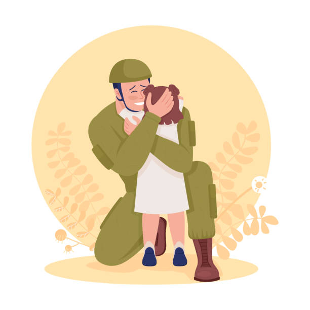 Soldier hugging his daughter 2D vector isolated illustration Soldier hugging his daughter 2D vector isolated illustration. Happy father and girl flat characters on cartoon background. Family reunion after war colourful scene for mobile, website, presentation military family stock illustrations