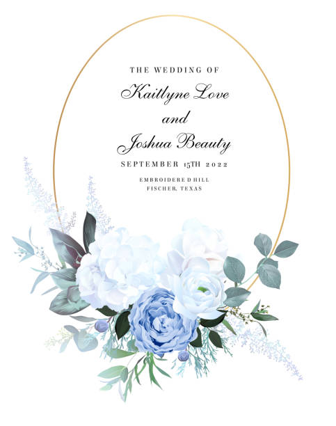Dusty blue rose, white hydrangea, ranunculus, magnolia, eucalyptus, greenery, juniper vector design banner. Dusty blue rose, white hydrangea, ranunculus, magnolia, eucalyptus, greenery, juniper vector design banner. Round frame. Wedding seasonal flowers. Floral watercolor composition. Isolated and editable blue roses stock illustrations