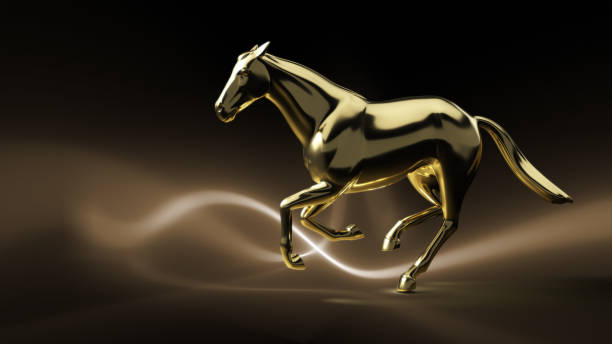 Gold glossy horse sculpture running pose on dark gold light lines background.
