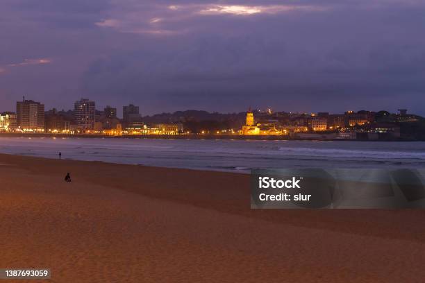 Nocturne Of Beach Of Gijon Asturias Nocturno De Playa De Gijon En Asturias Stock Photo - Download Image Now