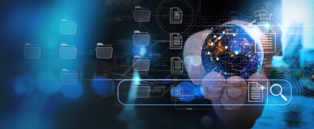 istock Hand holding Global world telecommunication network connected around planet Earth.Searching Browsing Internet Data Information Networking Concept with document  search bar. 1387696189
