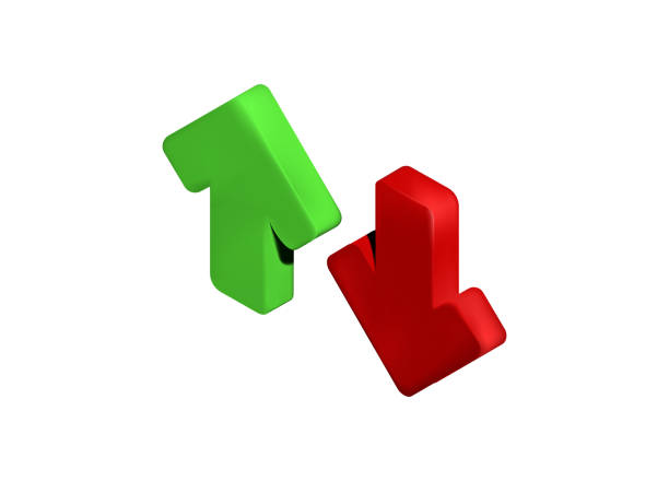 ikona strzałek w górę i w dół. ilustracje wektorowe 3d. - moving down arrow sign symbol three dimensional shape stock illustrations
