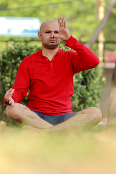 istock Anulom vilom yoga posture in the park 1387700371