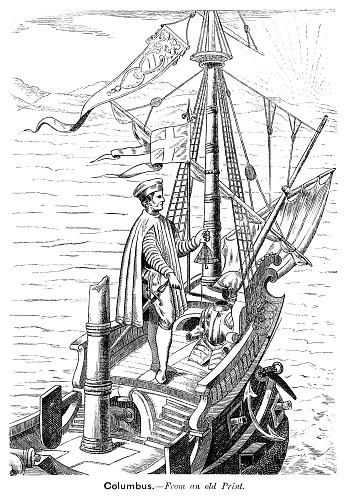 The explorer Christopher Columbus on board his flagship, the “Santa Maria” (“Saint Mary”) in 1492, with land in sight. From “The Cottager & Artisan” published in 1892 by The Religious tract Society, London.