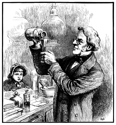 In his shop, a 19th century apothecary is concocting a medicine while a little girl watches on the other side of the shop counter. From “The Cottager & Artisan” published in 1892 by The Religious tract Society, London.