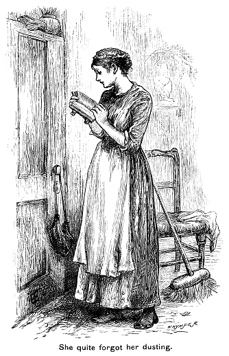 A Victorian woman reading a book instead of doing her housework. From “The Cottager & Artisan” published in 1892 by The Religious tract Society, London.