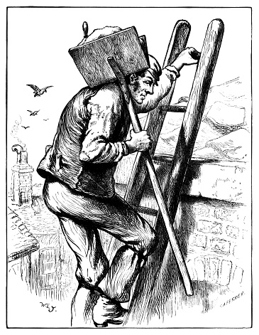 A Victorian construction worker climbing a ladder to a rooftop with a builder’s hod filled with cement. From “The Cottager & Artisan” published in 1892 by The Religious tract Society, London.