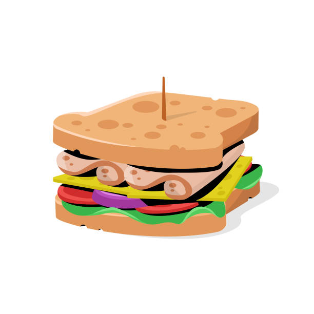 샌드위치 아이콘 플랫 디자인. - sandwich ham white background lunch stock illustrations