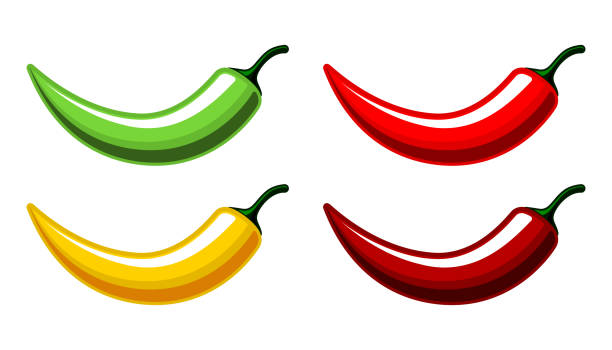 Vector red, green, yellow chili peppers icons set isolated on white background. Vector red, green, yellow chili peppers icons set isolated on white background. Different color Chili peppers labels collection green chilli pepper stock illustrations