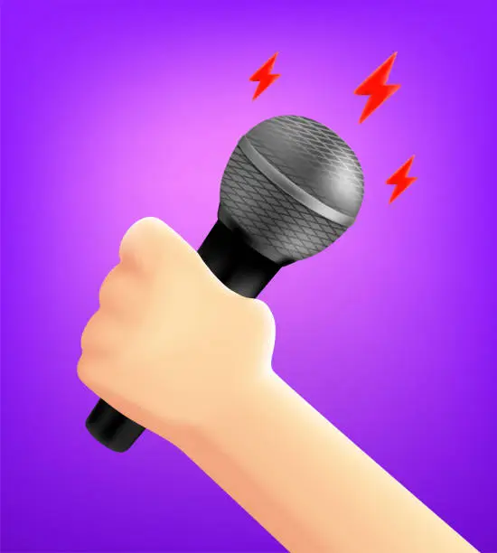 Vector illustration of Man holding microphone in a hand. 3d vector illustration