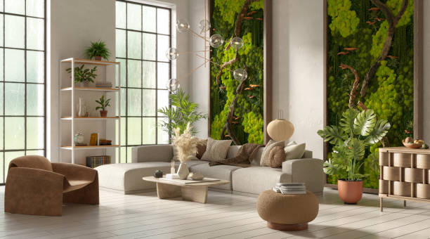 istock Modern living room interior with scandinavian moss on the wall, 3d rendering 1387706975