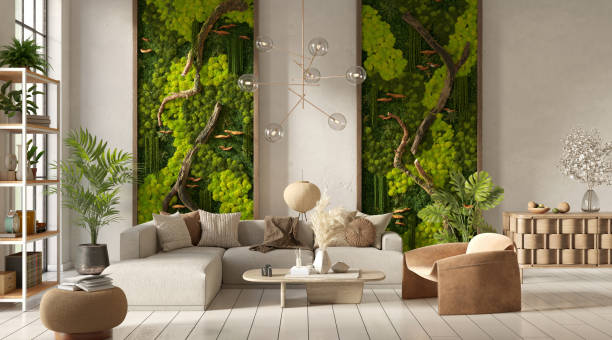 interior moderno da sala de estar com musgo escandinavo na parede, renderização 3d - indoors conservatory decor home interior - fotografias e filmes do acervo